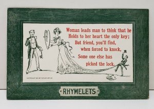 Rhymelets Postcard 1910 Woman leading man to her heart but another holds it  B1