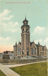 c1910 Postcard; M.E. Church, Trolley, Boise ID, Unposted Nice, Made in Germany