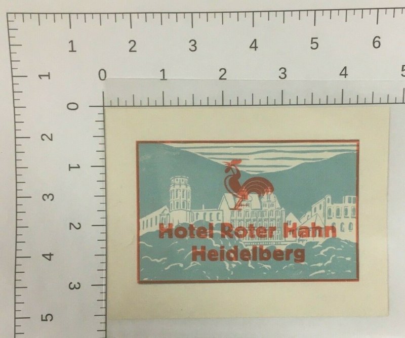 Hotel Roter Hahn Heidelberg Germany Luggage Label Vtg Sticker Stamp Poster  