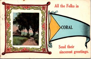 Postcard Pennant Flag Coral, Michigan Travel Advertising Greetings