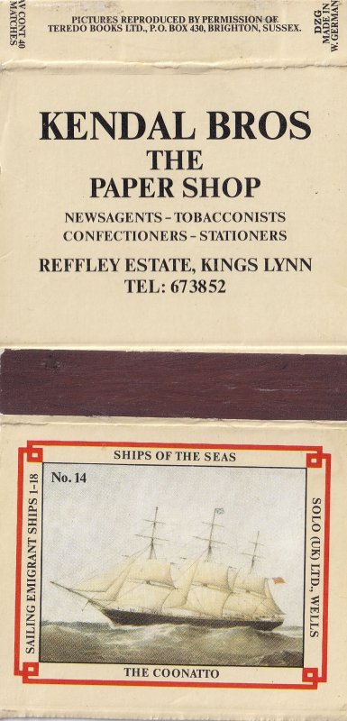 Kings Lynn Norfolk Newsagents Norfolk Coonatto Ship Matchbox Label