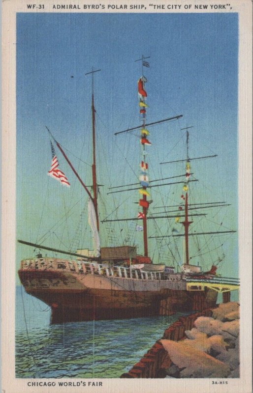 Postcard Admiral Byrd's Ship City New York  Chicago World's Fair Chicago IL 1933