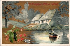 Postcard A Happy New Year - man fishing in rowboat house holly