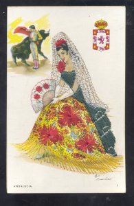 SPAIN SPANISH BULL FIGHTER GIRL SILK DRESS APPLIED MATERIALS SIGNED POSTCARD