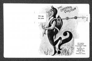 DEVIL INFERNAL QUESTION RELIGION COLORADO MECHANICAL NOVELTY POSTCARD (1906))