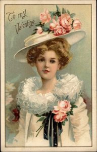 Valentine Beautiful Blonde Woman Fashionable Hat c1910 Vintage Postcard