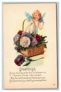 Vintage 1910's Greetings Postcard Cute Girl Fairy Basket of Purple Flowers