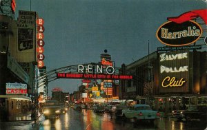Street Scene Night RENO Casinos Neon Signs Harrah's 1963 Vintage Postcard