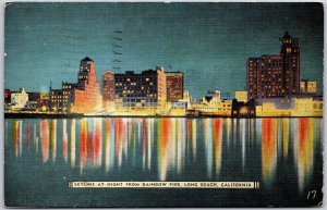 1947 Long Beach CA-California, Skyline At Night From Rainbow Pier, Postcard