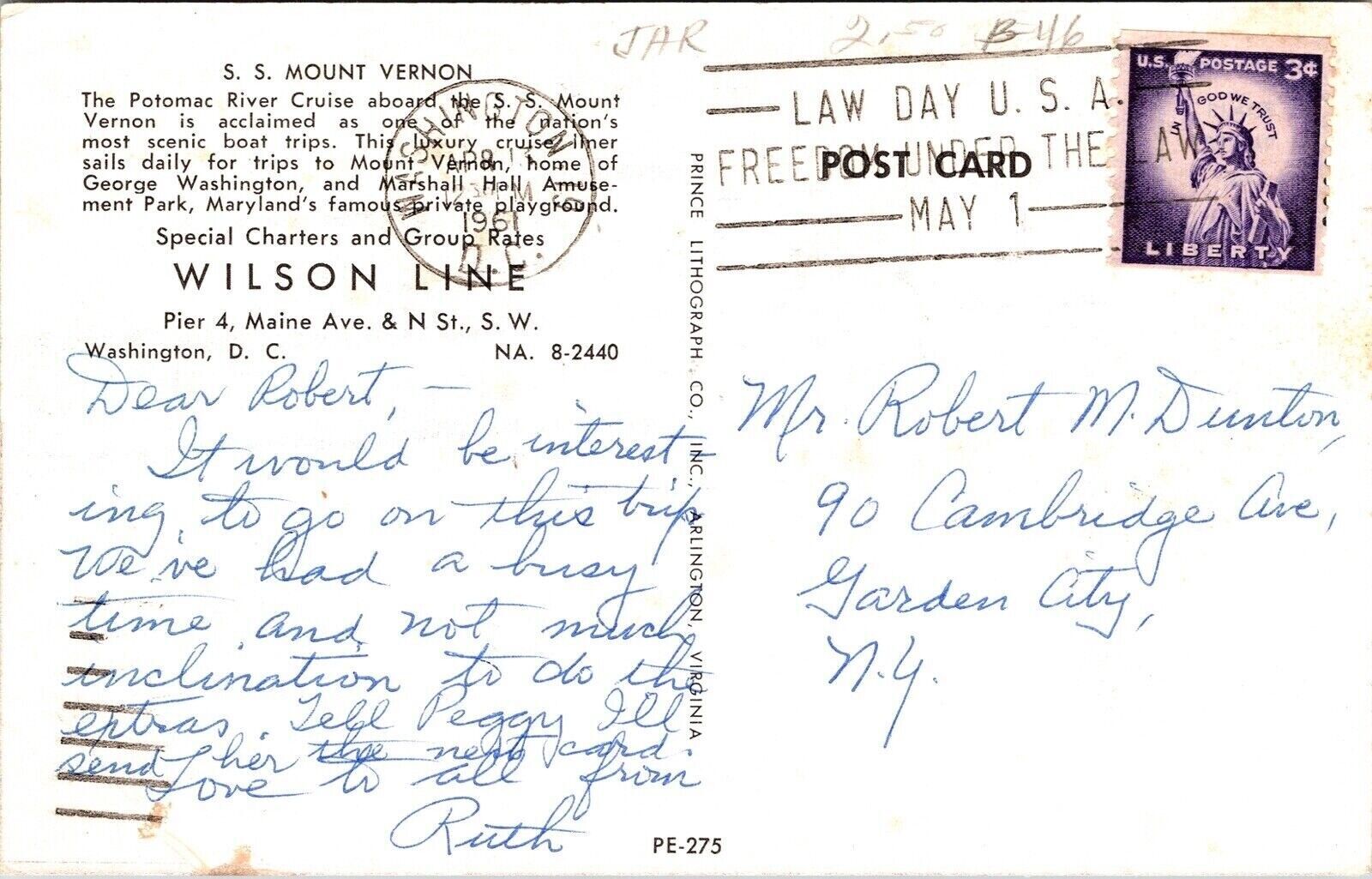 SS Mount Vernon Potomac River Cruise Washington DC Wilson Line Postcard