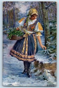 Czech Republic Postcard Christmas Pretty Woman Berries On Basket Winter Scene