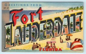 3 Large Letter Linens FORT LAUDERDALE, Florida FL ~ Curteich ca 1940s Postcards