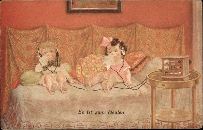 Cute Kids Listen Headphone Sad Story Radio c1910 Postcard