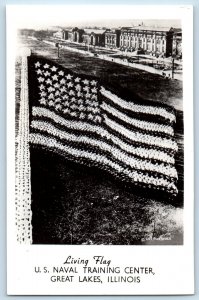 Great Lakes IL Postcard RPPC Photo US Naval Training Center Living Flag
