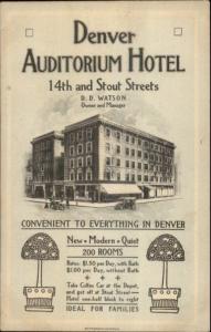 Denver CO Auditorium Hotel 14th & Stout c1915 Postcard