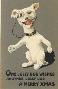 BB London Christmas Postcard E 109 Jolly Dog w/ Monocle, Die Cut Pasted On