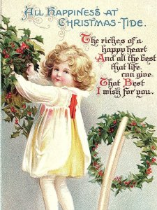 C.1910 Clapsaddle Adorable Girl Holly Chair Wreath Postcard P134