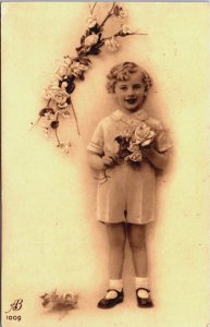 Boy With Flowers Vintage Postcard C147