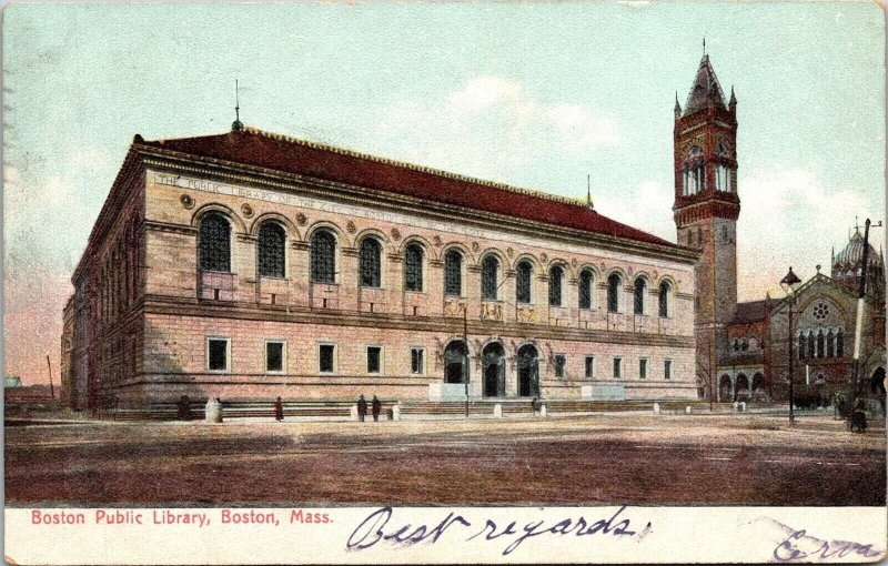 Historic Public Library Streetview Boston Massachusetts UDB Cancel WOB Postcard 