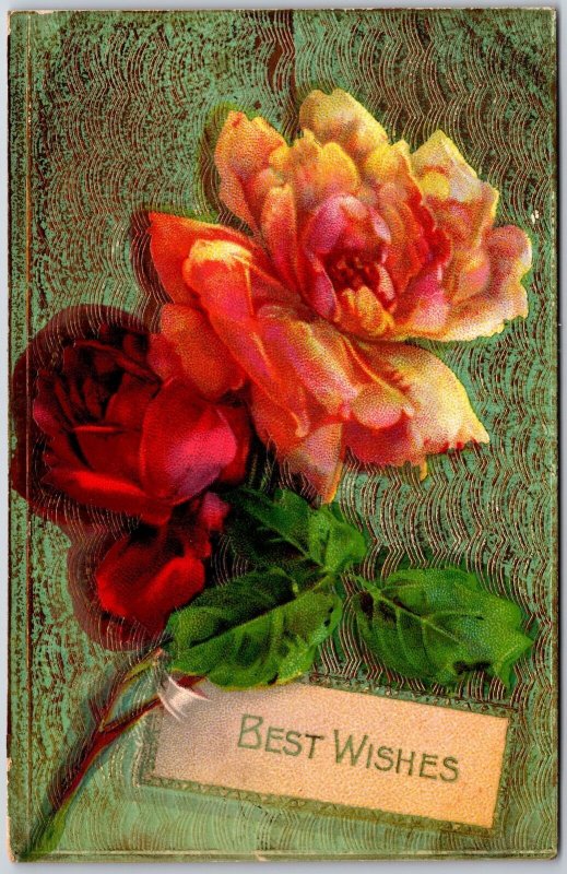 Best Wishes Large Print Red Orange Rose Flower Greetings Postcard