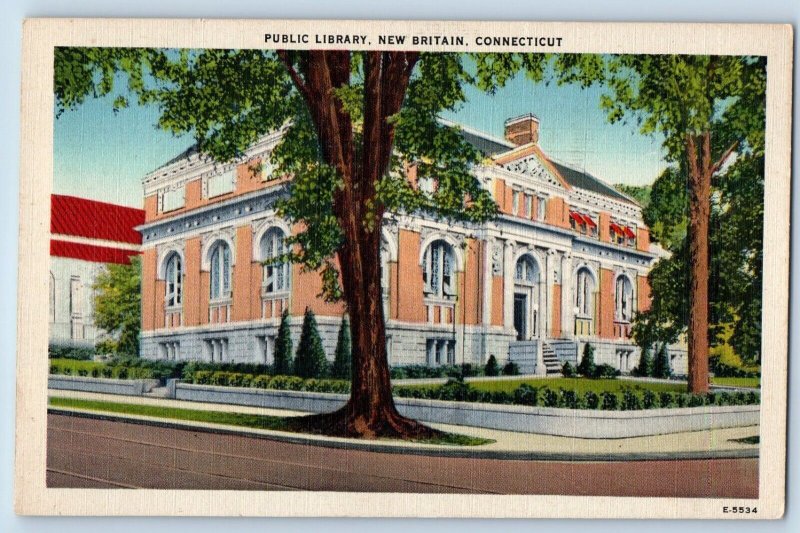 New Britain Connecticut CT Postcard Public Library Building Trees 1940 Vintage