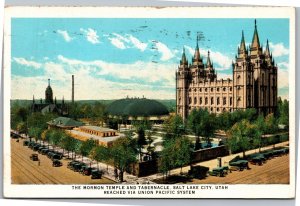 Postcard UT Salt Lake City Mormon Temple Tabernacle reached via Union Pacific