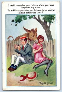 Humor Donkey Licked Woman I Shall Remember Your Kisses Donald McGill Postcard
