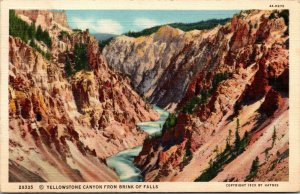 Vtg Grand Canyon from Brink of Falls Yellowstone National Park WY Postcard