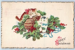 Christmas Postcard Cat Kittens Holly Berries Basket Ossining New York NY 1926