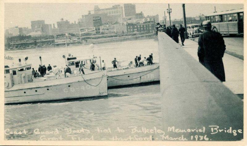 CT - Hartford. March 1936 Flood. Coast Guard Boats tied to Bulkeley Memorial ...