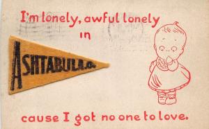 Ohio Postcard 1919 ASHTABULA Felt Pennant Child Lonely Awful Lonely