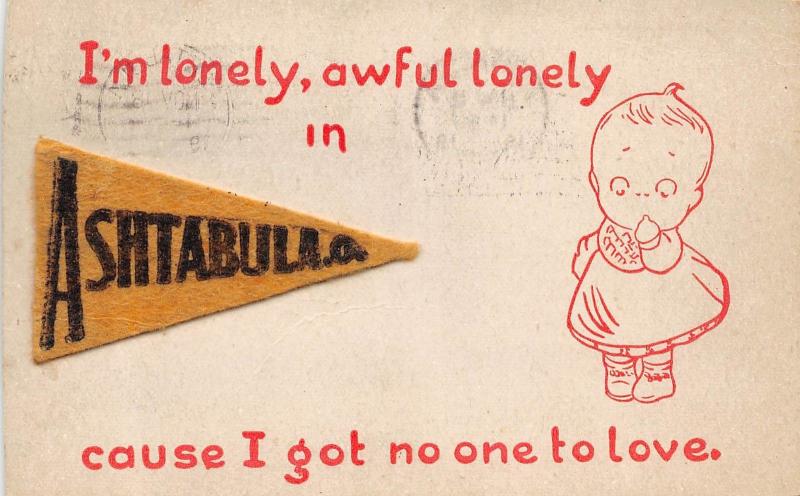 Ohio Postcard 1919 ASHTABULA Felt Pennant Child Lonely Awful Lonely