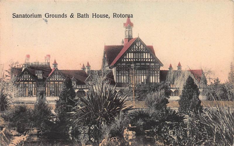 Sanatorium Grounds & Bath House, Rotorua, New Zealand, Early Postcard, Used