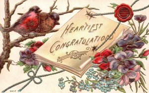 Vintage Postcard Heartiest Congratulations Bird Resting On Twigs Forget-Me-Not