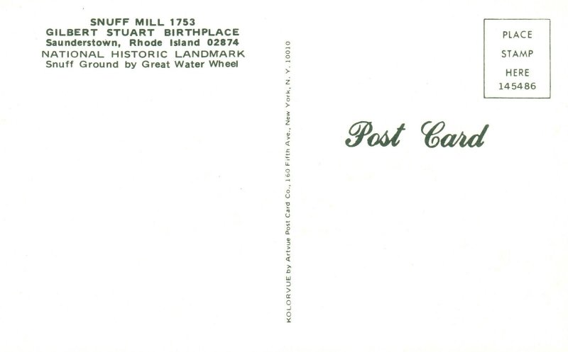 Saunderstown Rhode Island, Snuff Mill Gilbert Stuart Birthplace Vintage Postcard