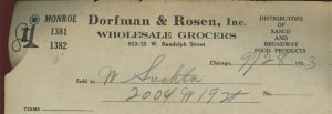 1933 CHICAGO ILLINOIS DORFMAN & ROSEN WHOLESALE GROCERS INVOICE 35-17