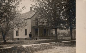 Vintage Postcard Two Men Outside The Old House With Big Trees On The Yard RPPC