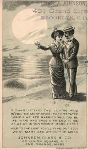 1880s-90s Man & Woman Walking in Moonlight Johnson Clark & Co New Home Sewing