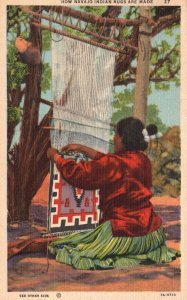 Vintage Postcard 1954 Navajo Indian Rug Making Outdoor Weaving Woman at Work