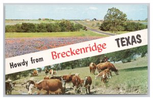 Howdy From Breckenridge Texas Banner Postcard Bluebonnets & Whiteface Cattle