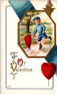 To my Valentine - Little boy dressed in blue - With Heart - Embossed - c1908