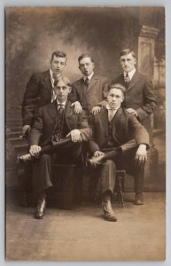 RPPC Five Young Men Some With Cigarettes Studio Real Photo Postcard U28