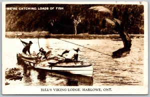 Postcard RPPC c1951 Harlowe Ontario Hill's Viking Lodge Exaggerated Fishing