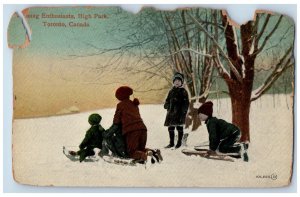c1910 Skiing Snow Scene Young Enthusiasts High Park Toronto Canada Postcard