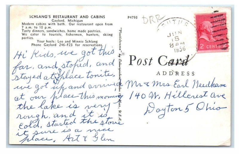 GAYLORD, MI ~ Roadside SCHLANG'S & CABINS ~ GAS Station, Truck 1956 Postcard