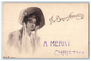 c1905 Merry Christmas Greetings Pretty Woman Warren Ohio OH Antique Postcard
