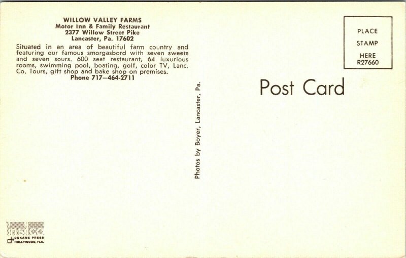 Willow Valley Farms Motor Inn Resturant Lancaster PA Pennsylvania Postcard VTG 