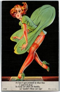 Risque Woman with Skirt Blown Up Vintage Linen Postcard D06