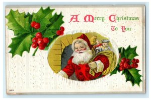Christmas Santa Toys Embossed 1910 Holly Moravia Vintage Antique Postcard 
