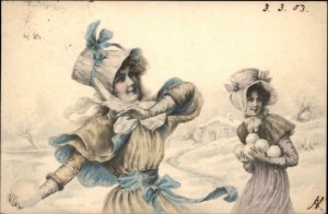 MM Vienne Art Nouveau Beautiful Young Women Snowball Fight c1905 Postcard